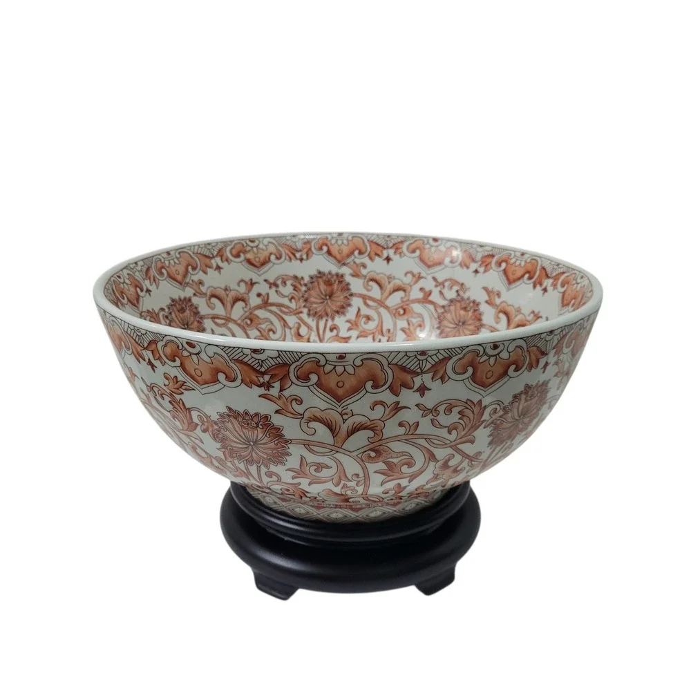 Large Chinese Porcelain Floral Chinoiserie Burnt Orange‎ Bowl with Stand